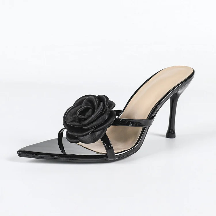 Women's Black Pointed Toe Heeled Mules - 3D Rose Appliqué Strappy Stiletto