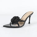 Women's Black Pointed Toe Heeled Mules - 3D Rose Appliqué Strappy Stiletto