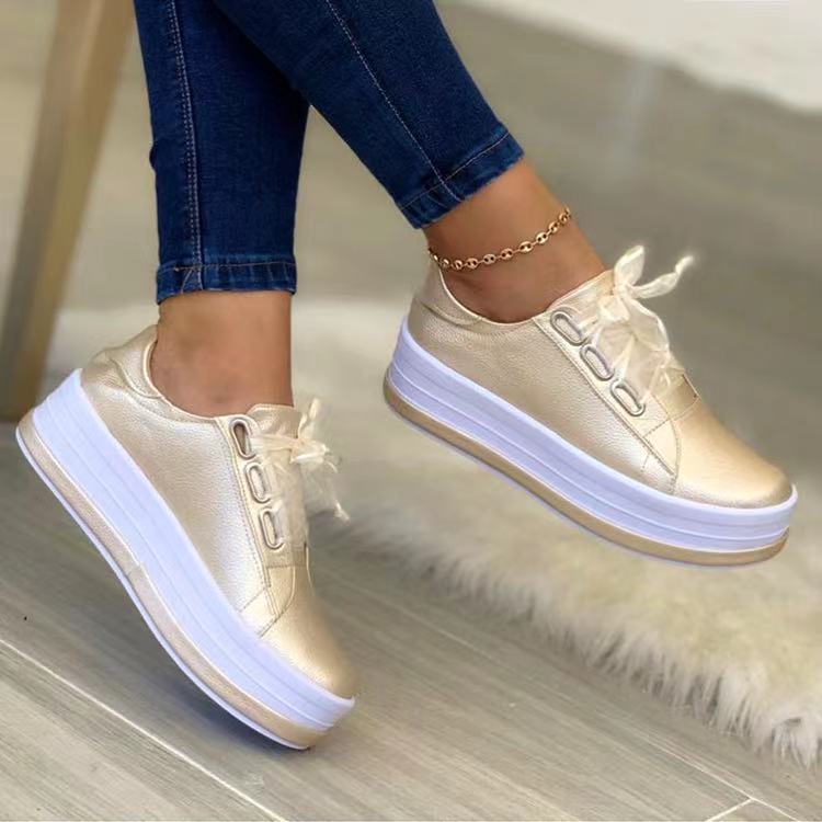 Women's Low Top Platform Sneakers - Lace-Up - Metallic Upper