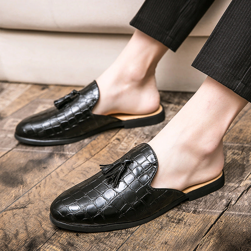 Men’s Croc-Embossed Leather Slip-On Mule Loafers with Tassel Detail