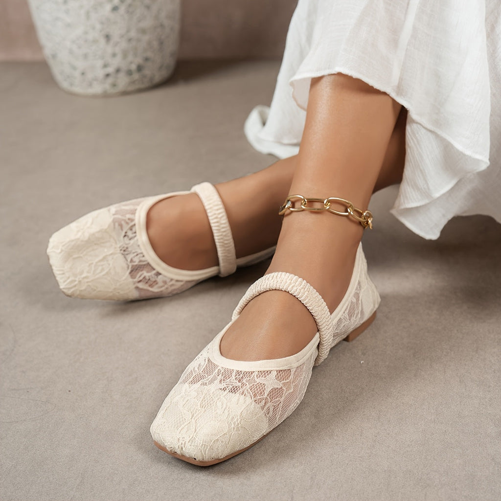 Women's Lace Ballet Flats - Square Toe Mary Jane Bow Detail