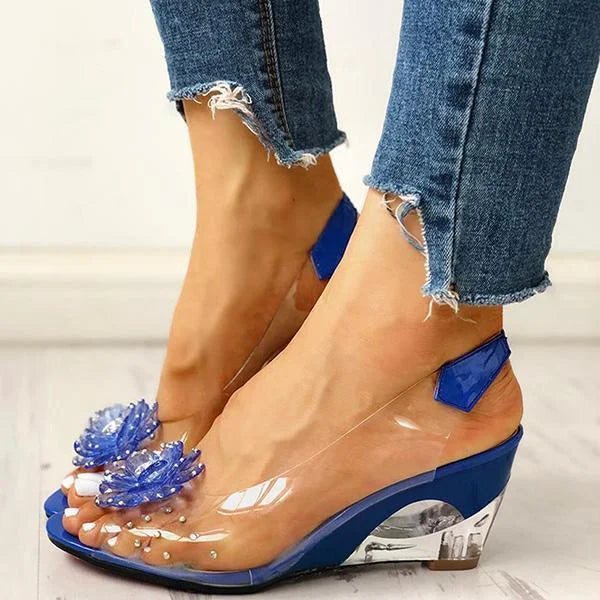 Women's Clear Wedge Sandals – Open Toe Slingback with Flower Crystal Detail