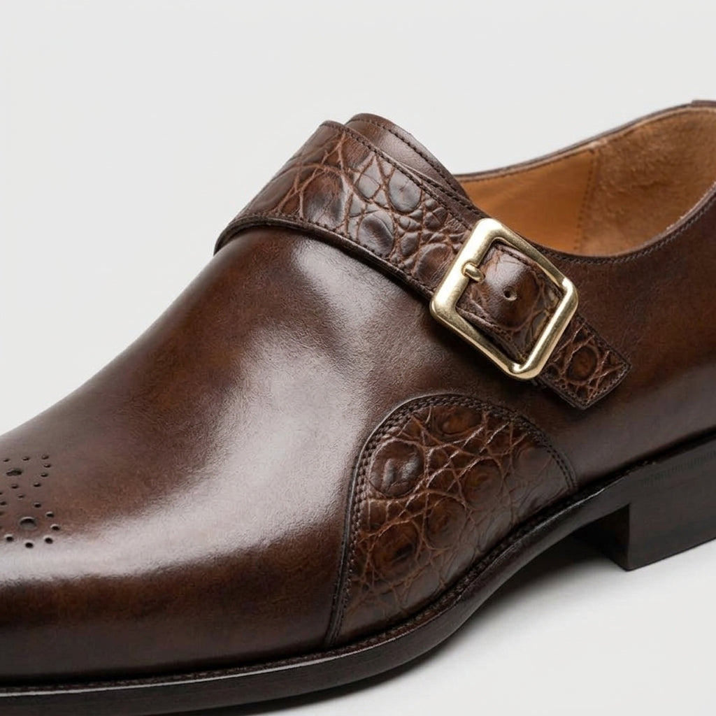Men's Single Monk Strap Dress Shoes – Pointed Toe Brogue Detail Leather