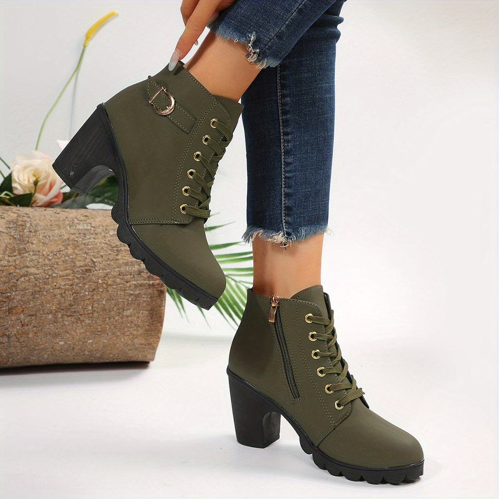 Women's Ankle Boots - Block Heel - Lace-Up - Side Zipper - Buckle Detail