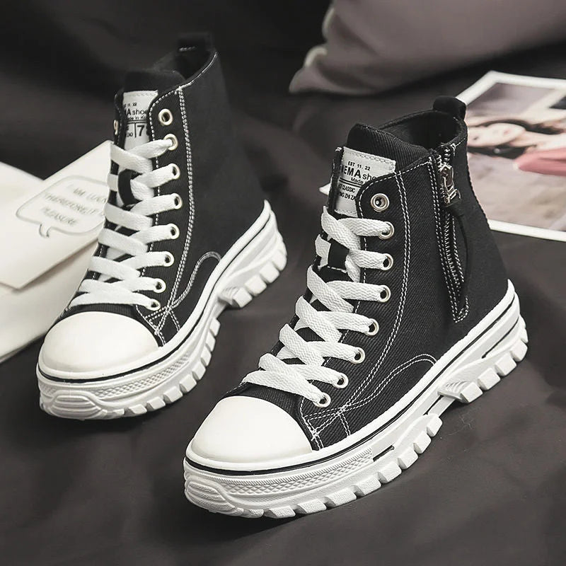Women's Platform High-Top Sneakers - Lace Up Canvas Shoes
