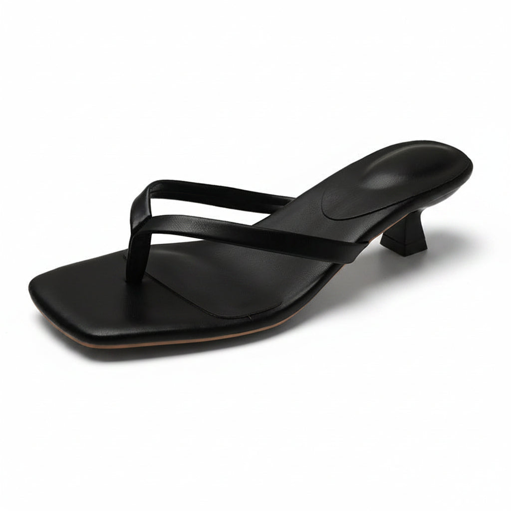 Women's Square Toe Thong Heeled Sandals with Sculptured Low Heel
