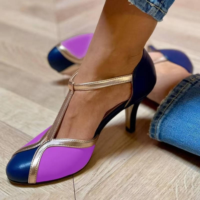 Women’s T-Strap High Heel Shoes with Closed Toe – Buckle Strap Design