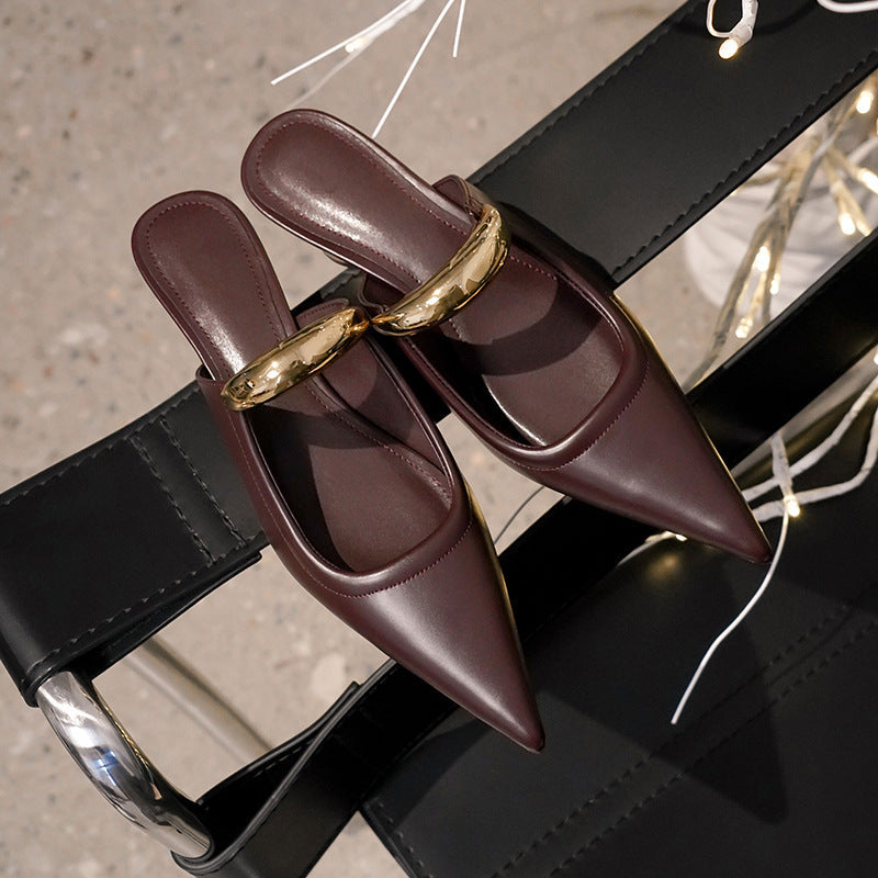 Women's Mules - Sculptural Bar Detail - Low Cylinder Heel