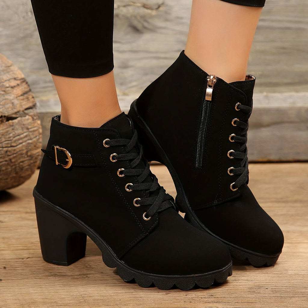 Women's Ankle Boots - Block Heel - Lace-Up - Side Zipper - Buckle Detail