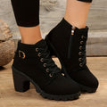Women's Ankle Boots - Block Heel - Lace-Up - Side Zipper - Buckle Detail
