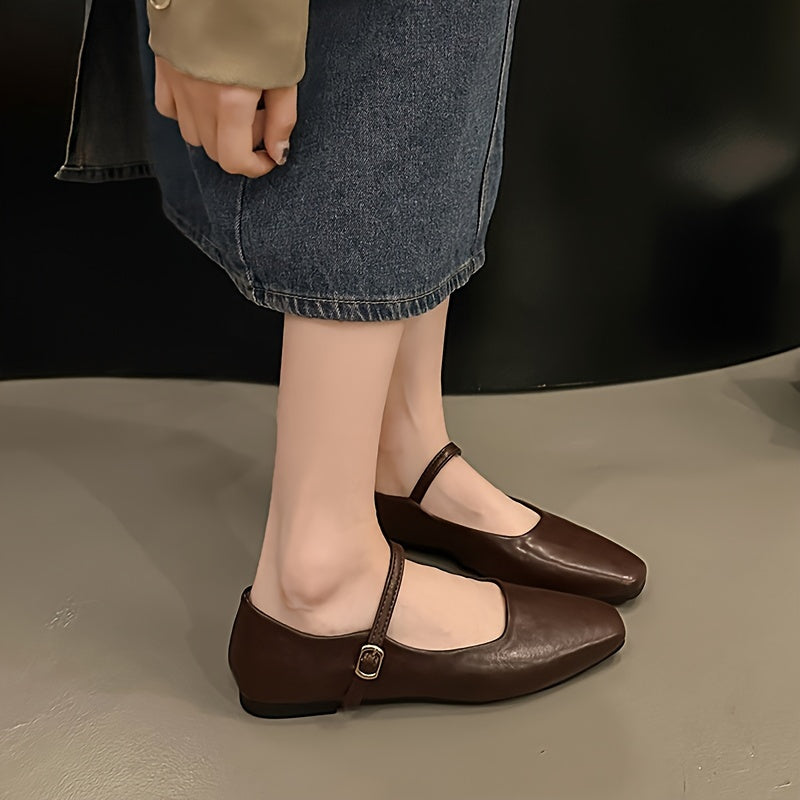 Women's Leather Ballet Flats – Square Toe Single Strap with Gold-Tone Pin Buckle