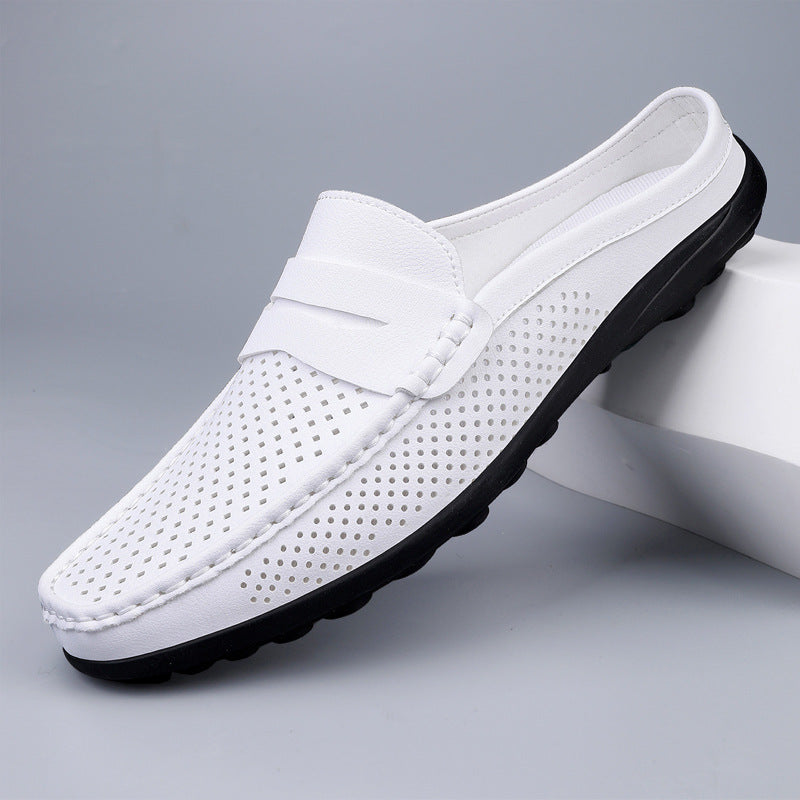 Men's Slip On Loafers Mule – Open Back Penny Tab Perforated Leather