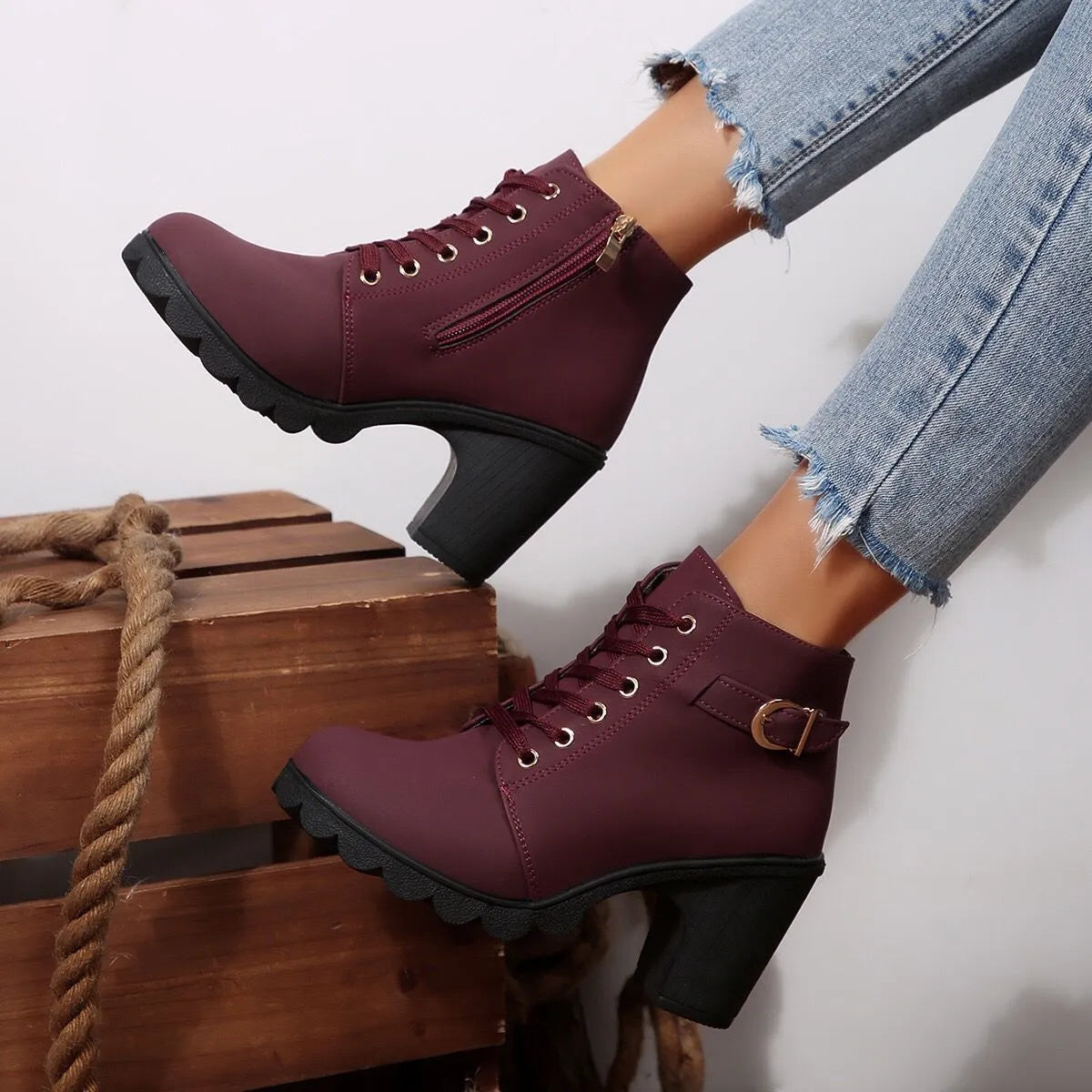 Women's Ankle Boots - Block Heel - Lace-Up - Side Zipper - Buckle Detail