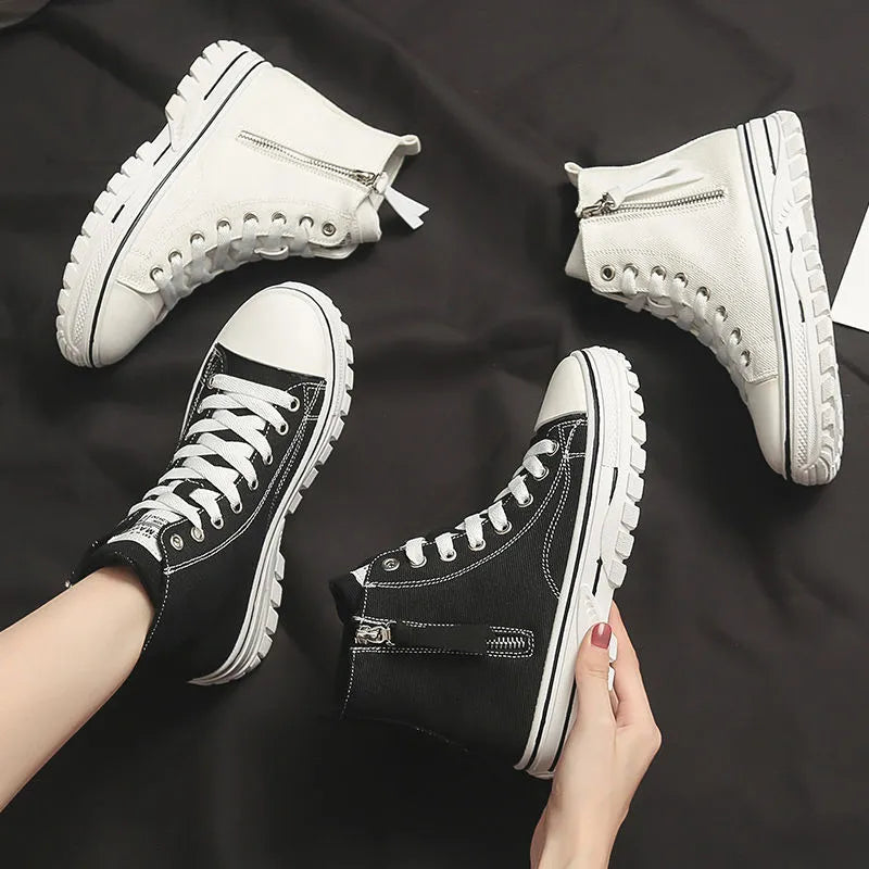 Women's Platform High-Top Sneakers - Lace Up Canvas Shoes
