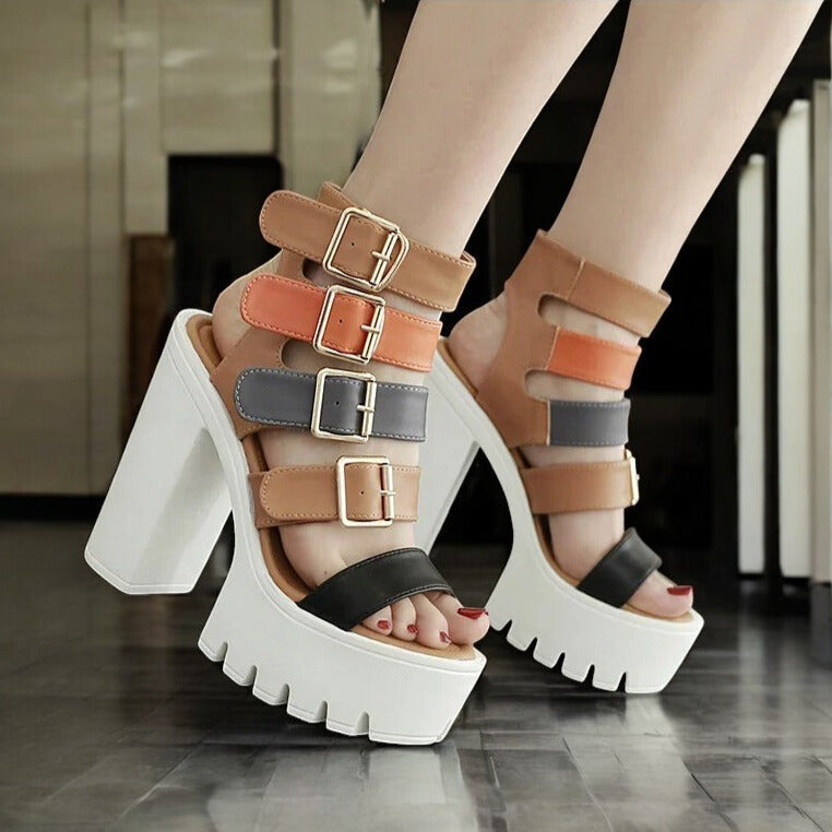 Women’s Chunky Platform Sandals with Multi Strap Buckle Design