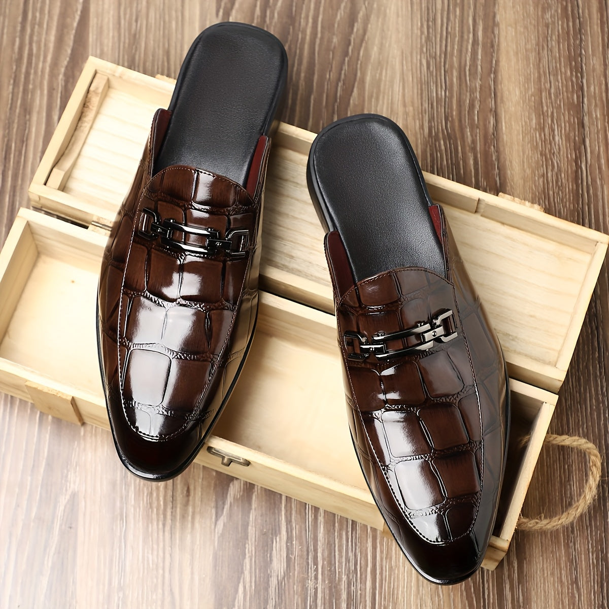 Men’s Mule Loafers with Croc Pattern - Slip-On Backless Design - Metal Bit Detail