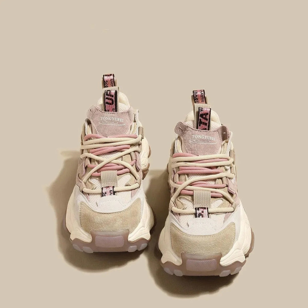 Women's Lace-Up Platform Sneakers - Chunky Sole - Mixed Material