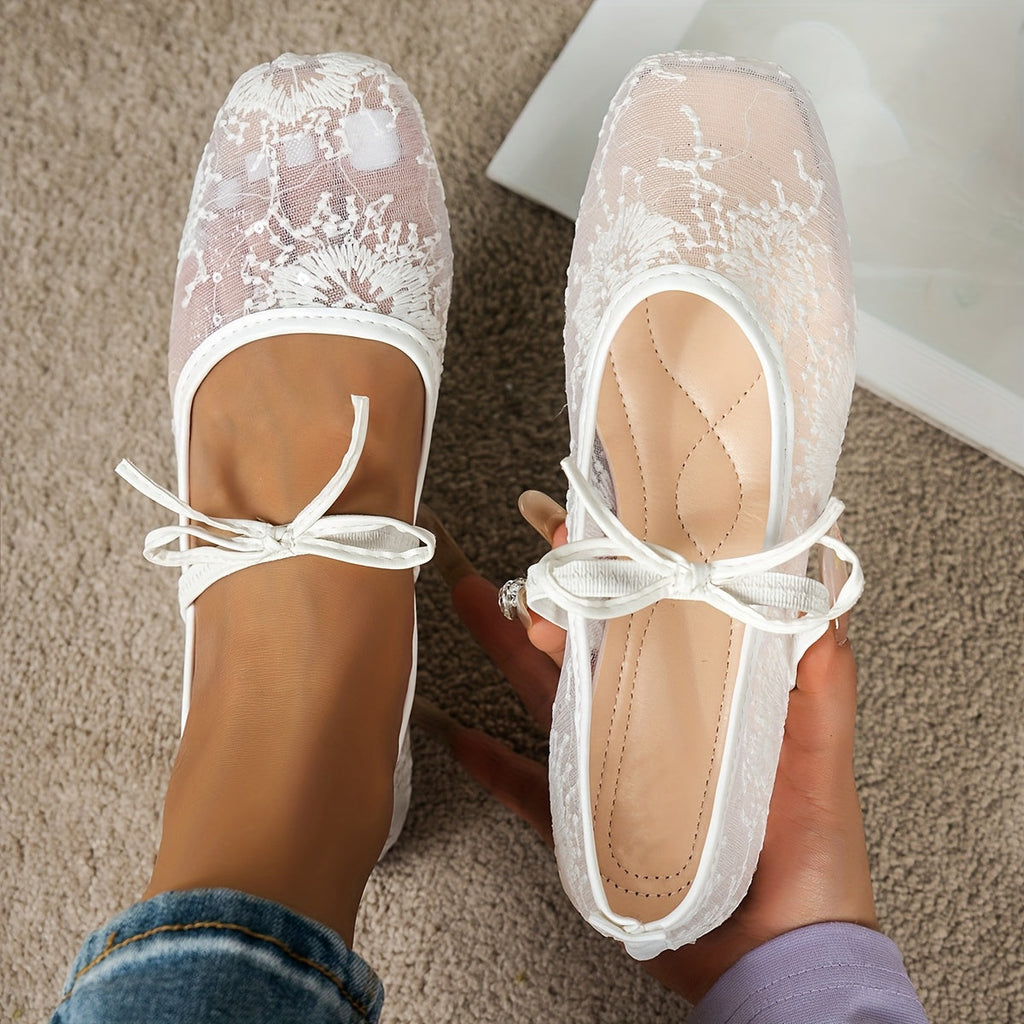 Women’s Mesh Mary Jane Flats - Sheer Panel Design - Bow Detail - Flat Sole