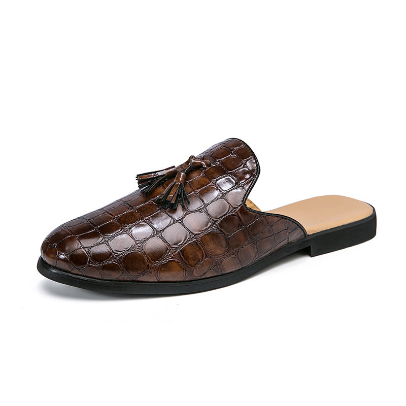 Men’s Croc-Embossed Leather Slip-On Mule Loafers with Tassel Detail