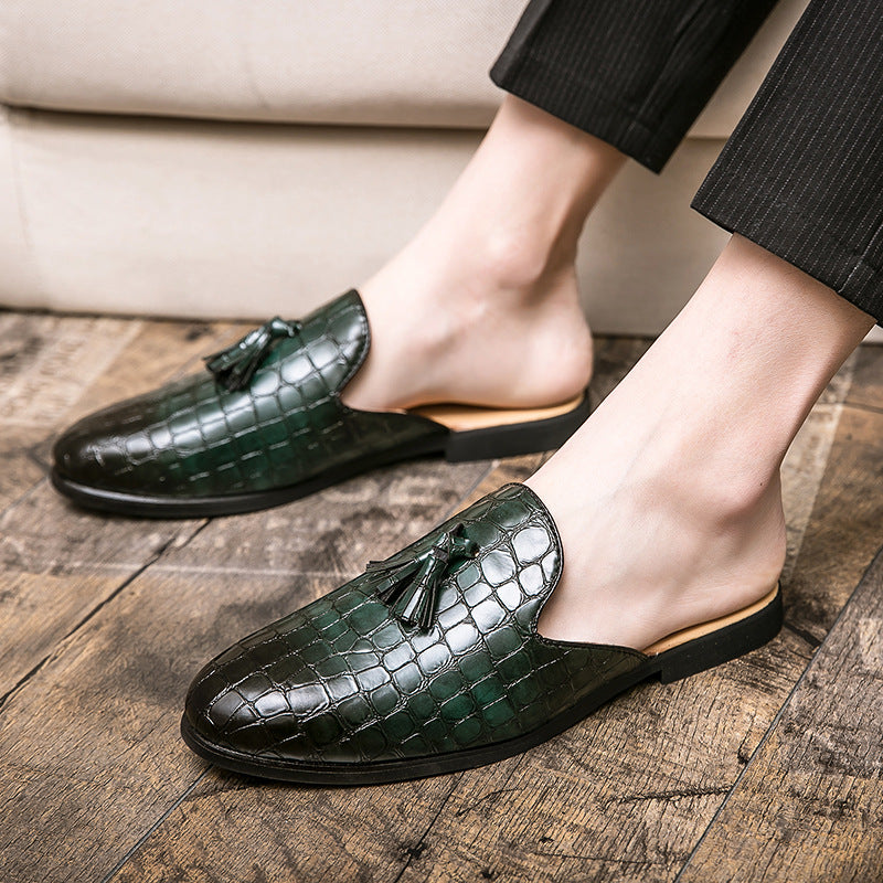 Men’s Croc-Embossed Leather Slip-On Mule Loafers with Tassel Detail