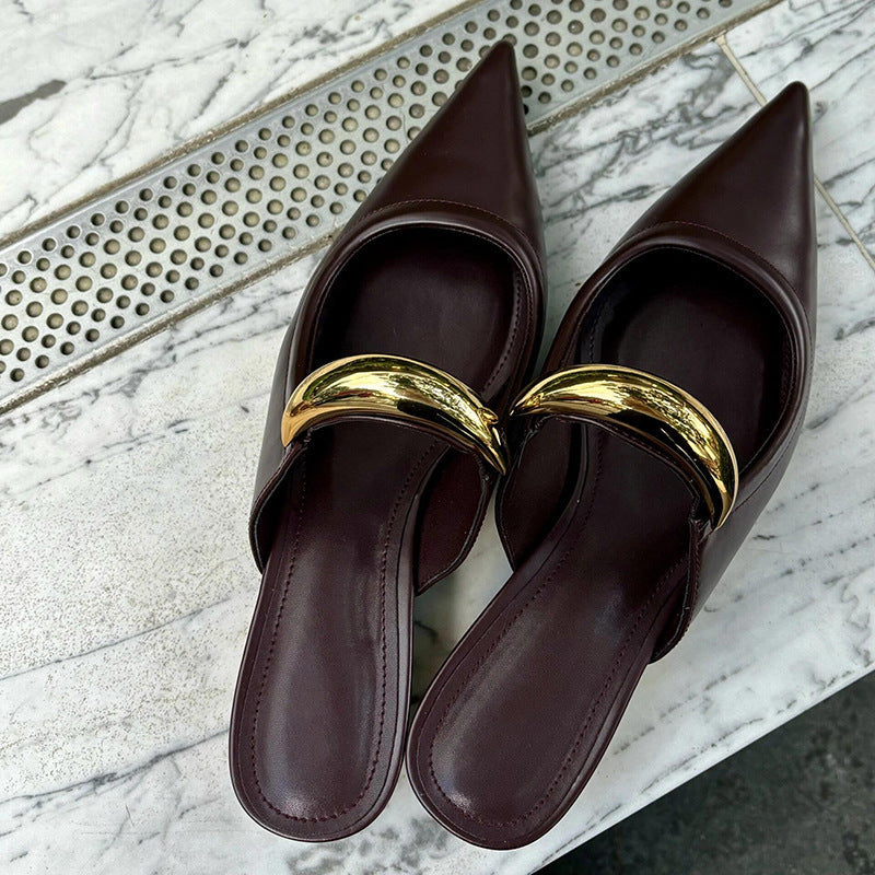Women's Mules - Sculptural Bar Detail - Low Cylinder Heel