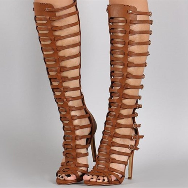 Women's Knee-High Gladiator Heels - Open Toe Stiletto Heel