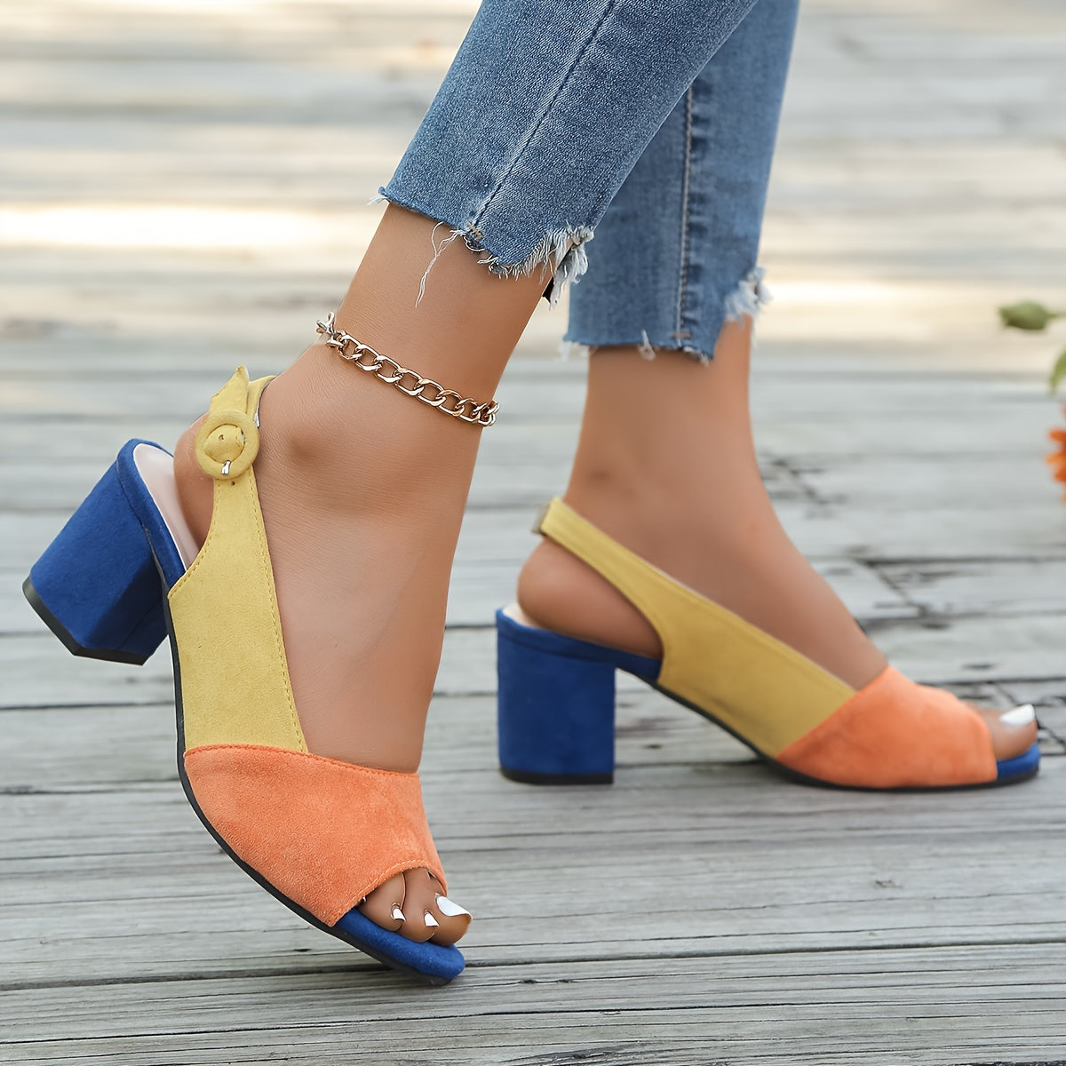 Women's Color Block Slingback Block Heels - Open Toe Peep Toe