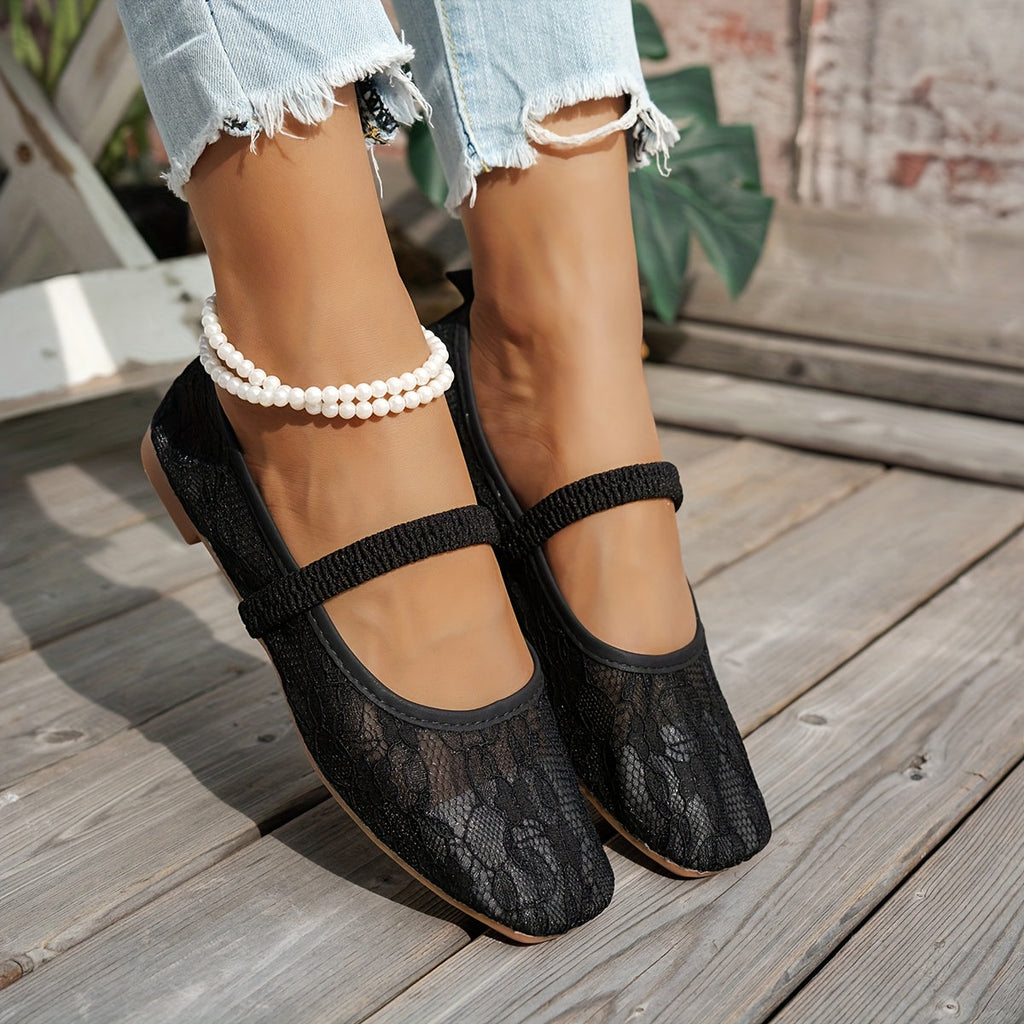 Women's Lace Ballet Flats - Square Toe Mary Jane Bow Detail