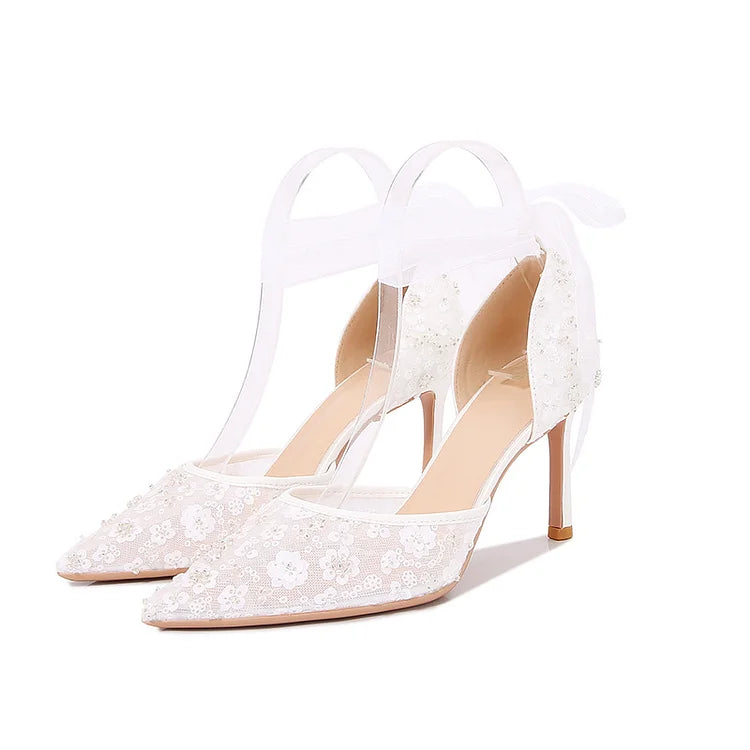 Women's White Pointed Toe Lace Heels - Ribbon Ankle Tie Floral Stiletto Pumps