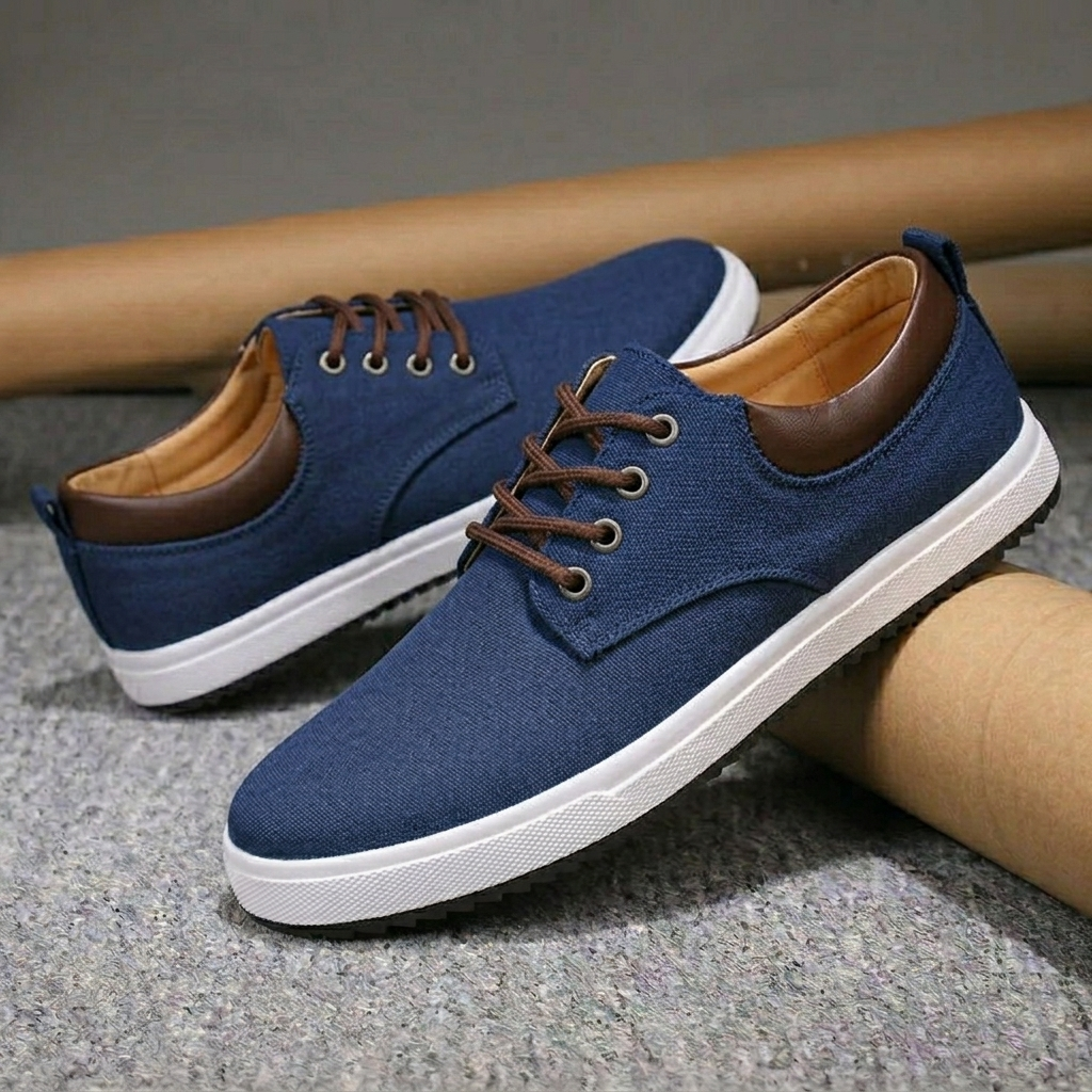 Men's Lace-Up Leather Low-Top Sneakers - Round Toe - Flat Rubber Sole