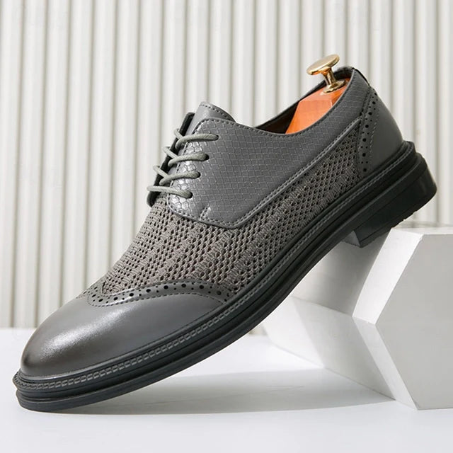 Men's Brogue Oxford Shoes – Lace-Up Round Toe with Mesh Panel Upper and Low Heel