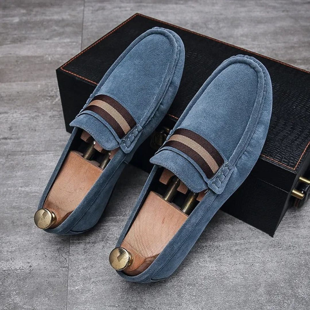 Men's Slip-On Penny Loafers - Suede - Striped Strap Detail