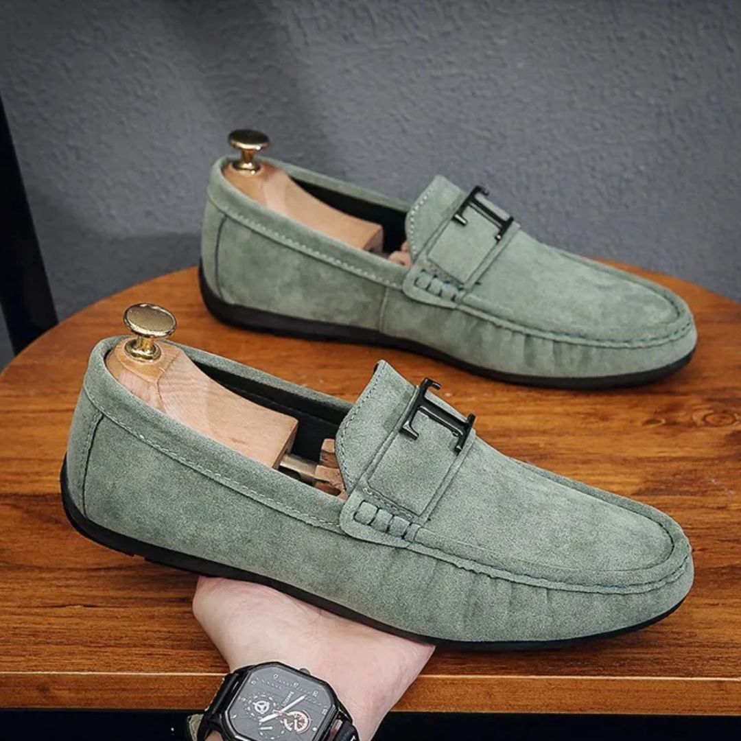Men's Slip-On Penny Suede Loafers - Striped Strap Detail
