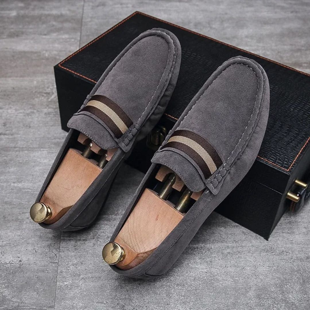 Men's Slip-On Penny Suede Loafers - Striped Strap Detail