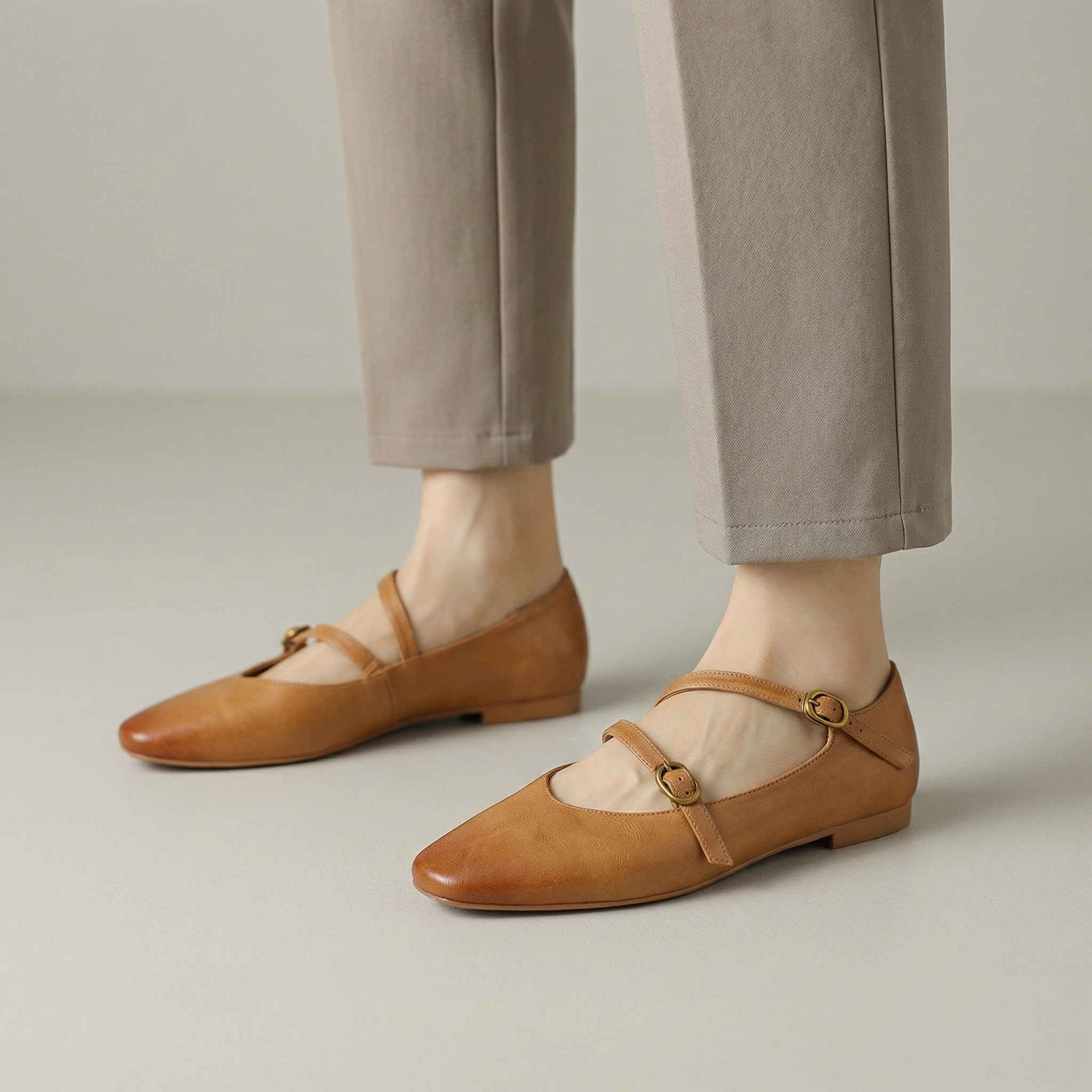Women's Mary Jane Square Toe Leather Flats - Ankle Strap Buckle