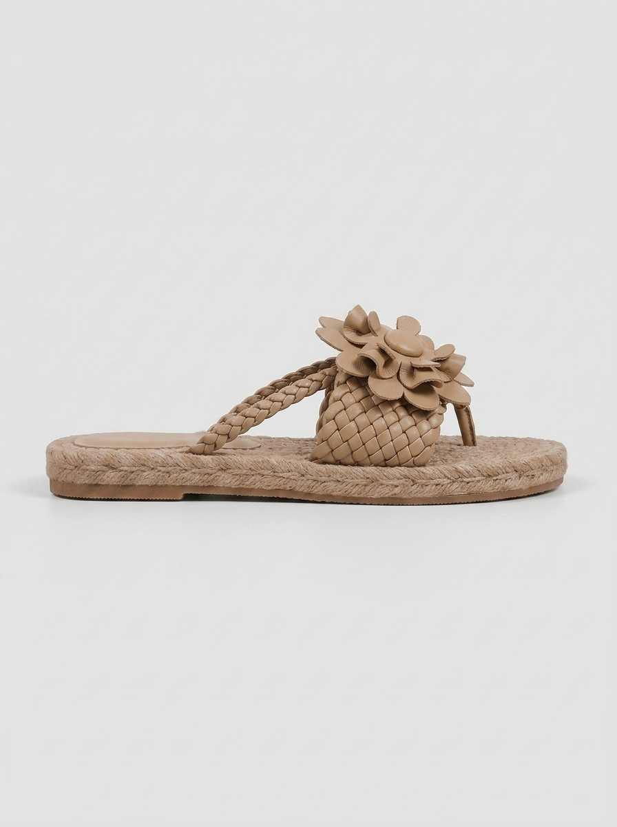 Women's Braided Flower Appliqué Flat Sandals - Open Toe - Slip-On