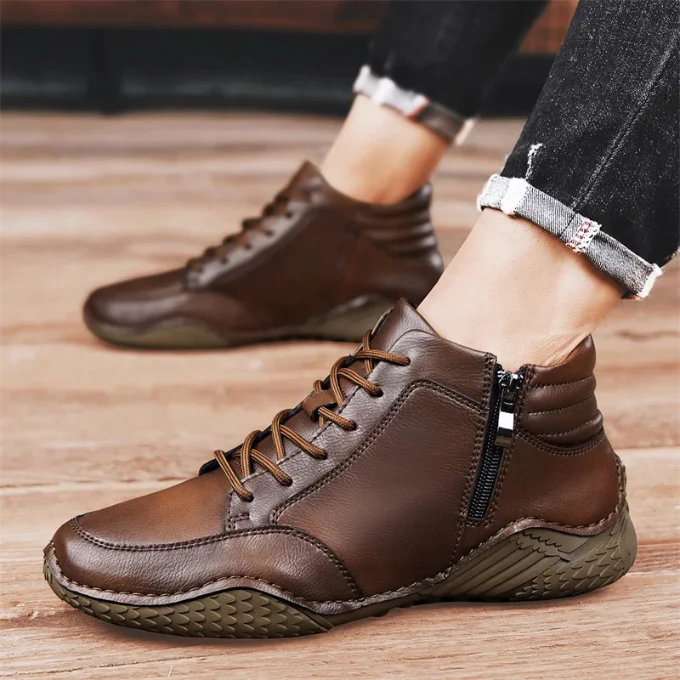 Men's Leather Ankle Boots - Side Zipper - Lace-Up - Textured Sole