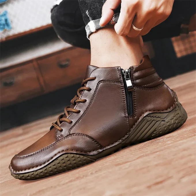 Men's Leather Ankle Boots - Side Zipper - Lace-Up - Textured Sole