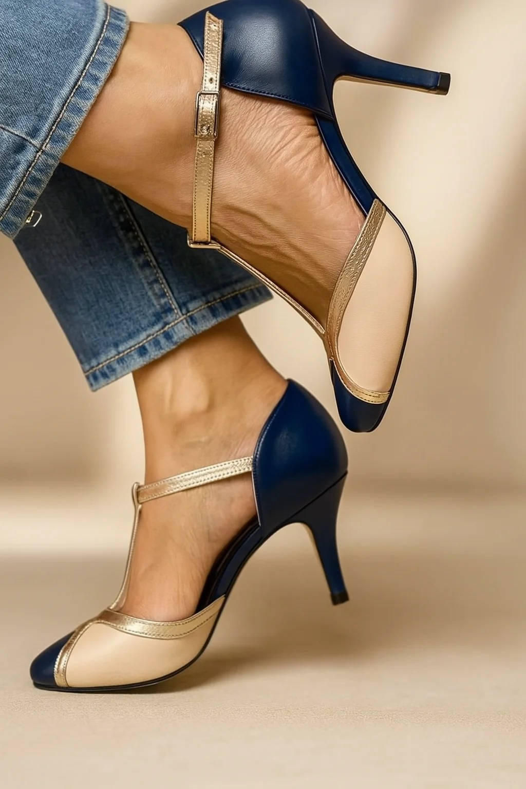Women’s T-Strap High Heel Shoes with Closed Toe – Buckle Strap Design