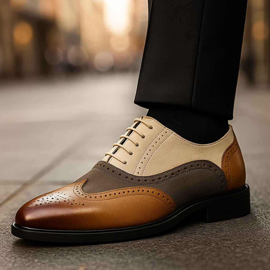 Men's Leather Wingtip Brogue Oxford Shoes - Lace-Up Rubber Sole