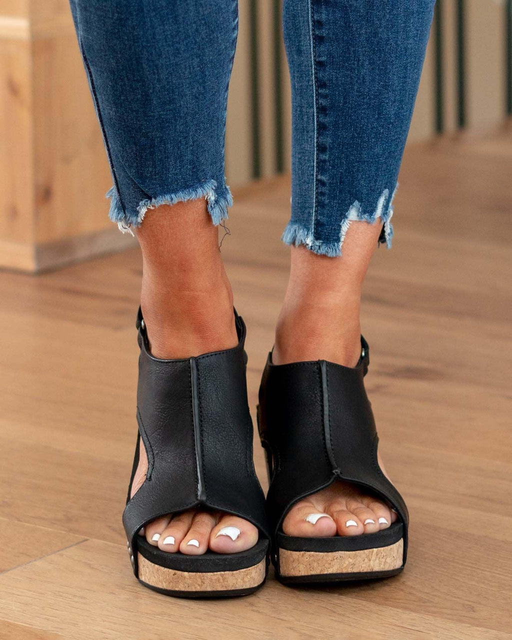 Women’s Open Toe Wedge Sandals with Cut Out Upper and Cork Effect Sole