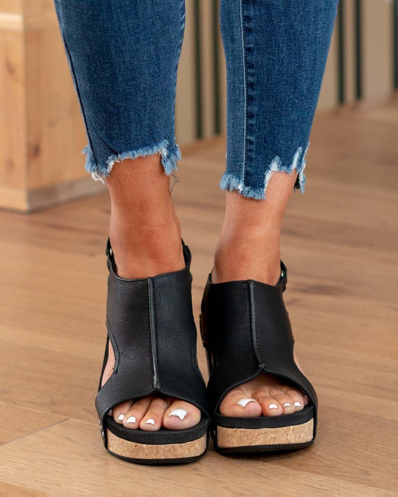 Women’s Open Toe Wedge Sandals with Cut Out Upper and Cork Effect Sole
