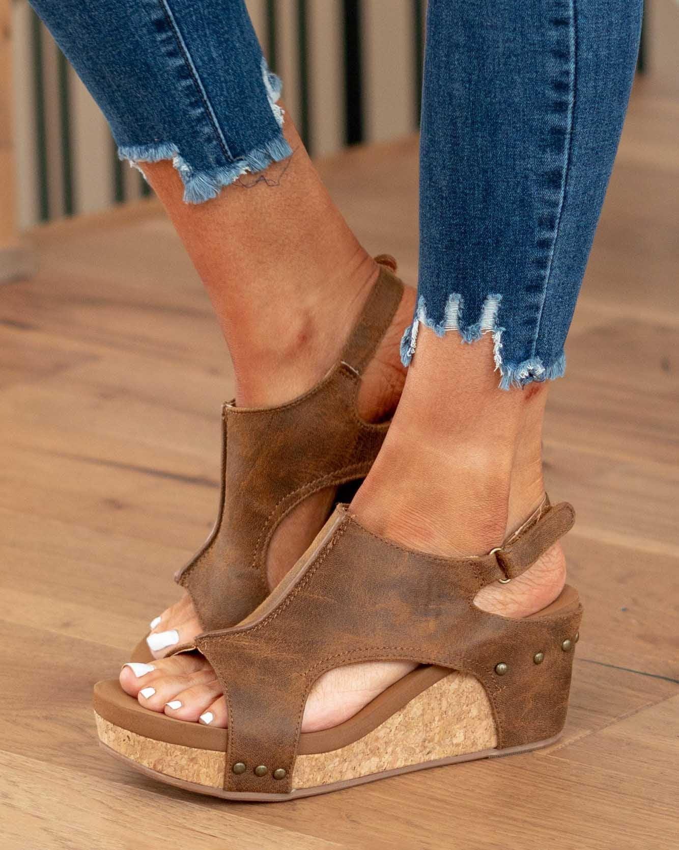 Women’s Open Toe Wedge Sandals with Cut Out Upper and Cork Effect Sole