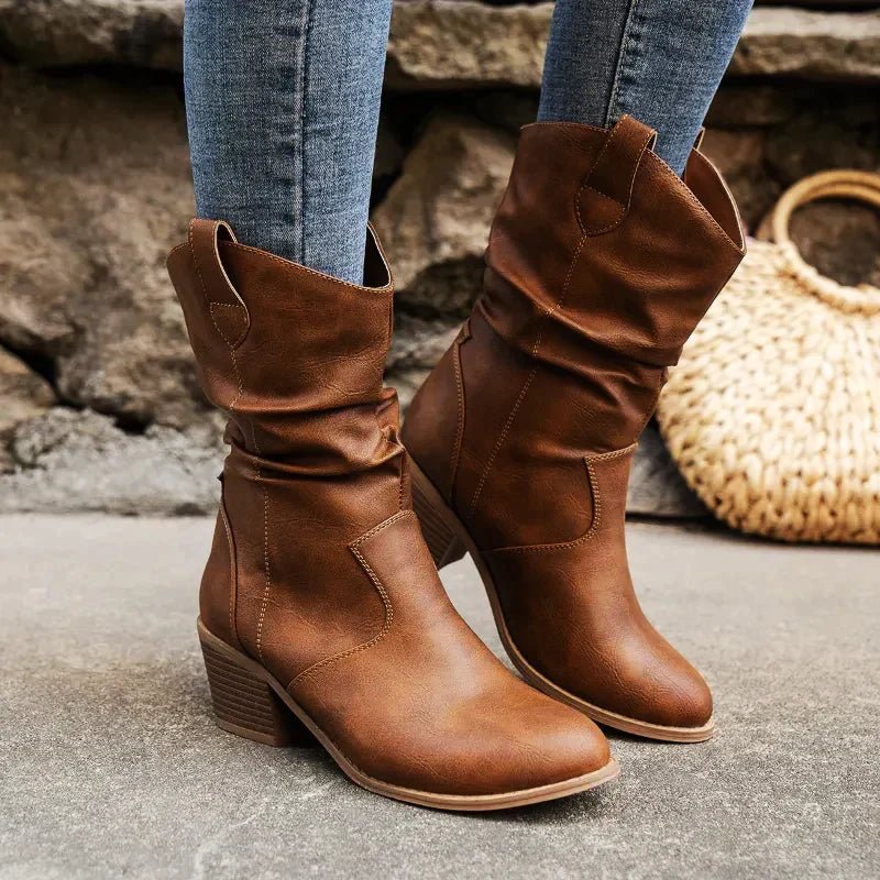Women's Slouch Mid-Calf Boots - Block Heel - Pull-On - Side Tabs