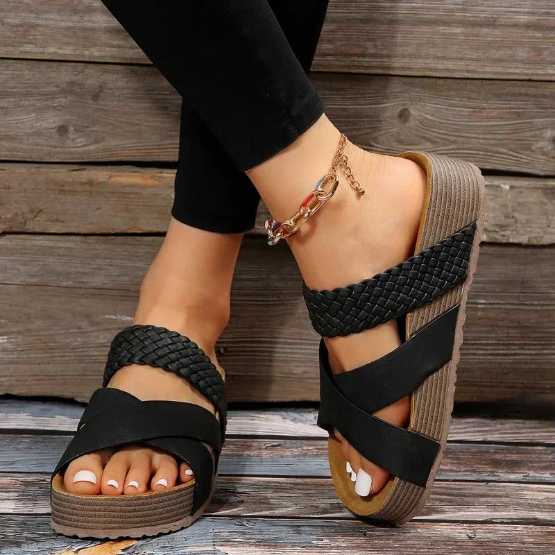 Women’s Open Toe Platform Sandals with Braided Strap and Cross Band Design