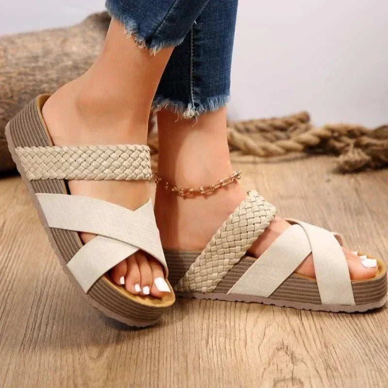 Women’s Open Toe Platform Sandals with Braided Strap and Cross Band Design