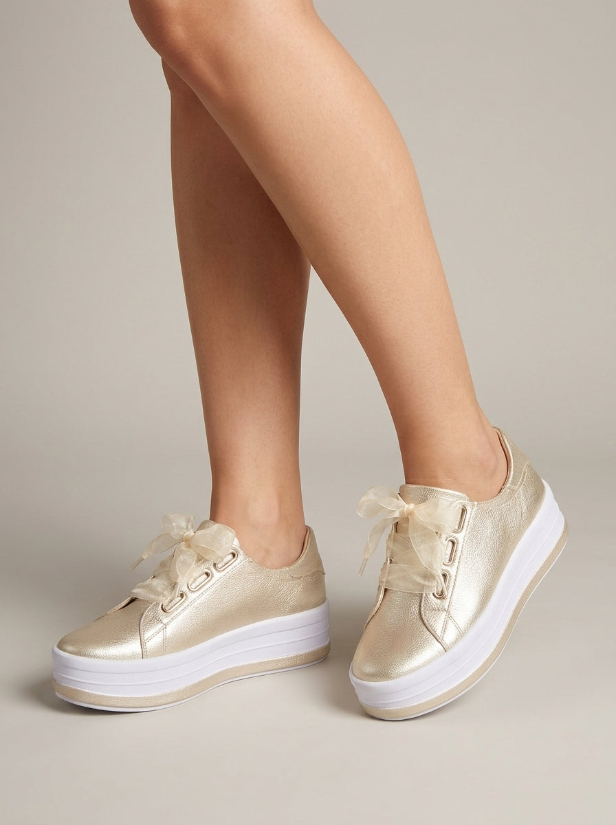 Women's Platform Sneakers - Lace-Up - Metallic Upper - Low Top