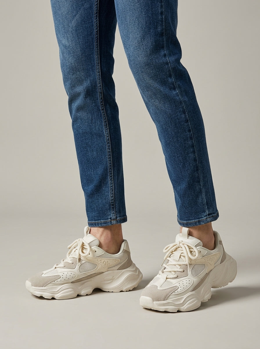 Men's Leather Chunky Sneakers - Lace-Up - Mesh Panels - Thick Sculpted Sole