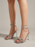 Women's Bow Square Toe Ankle Strap Transparent Heels