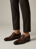 Men's Single Monk Strap Dress Shoes – Pointed Toe Brogue Detail Leather